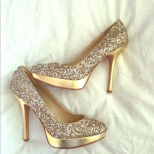 Joan and David leather gold and sequin heels